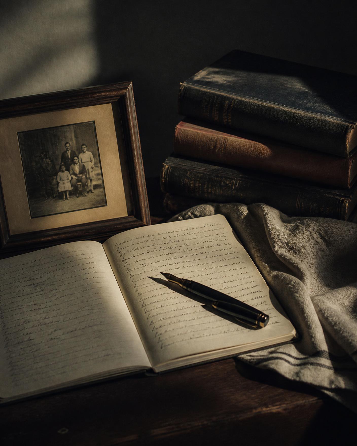 A handwritten notebook, worn books and an archival family photograph on a dark table