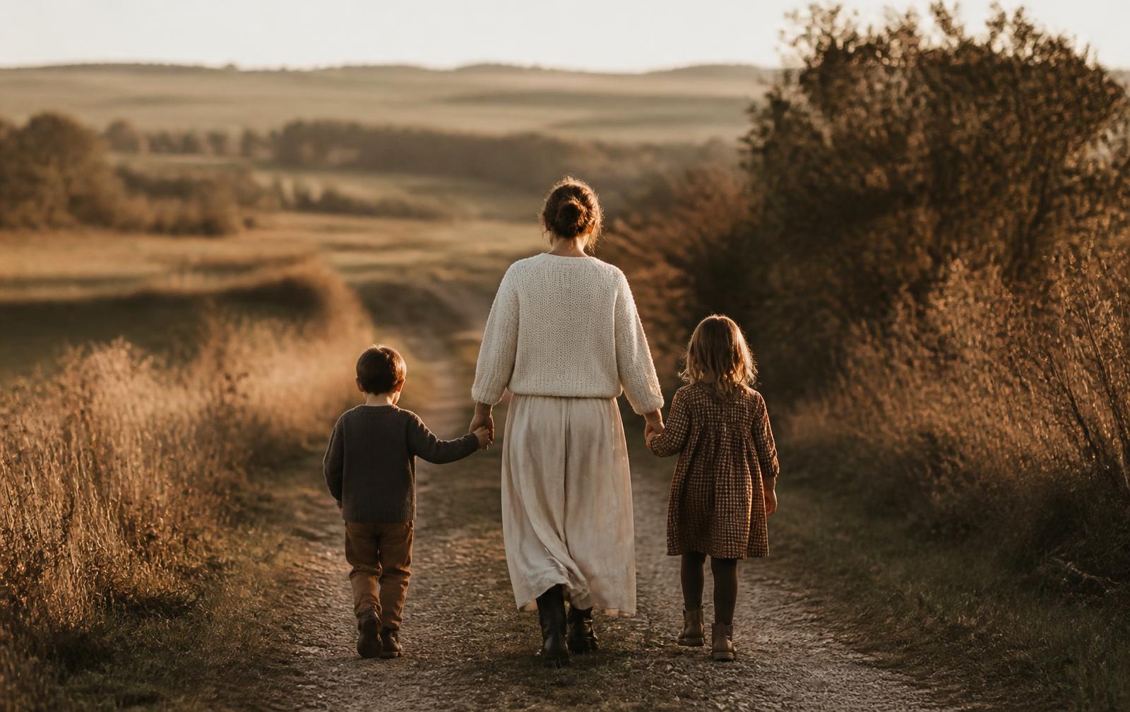 A mother walking a country path at golden hour holding the hands of two children