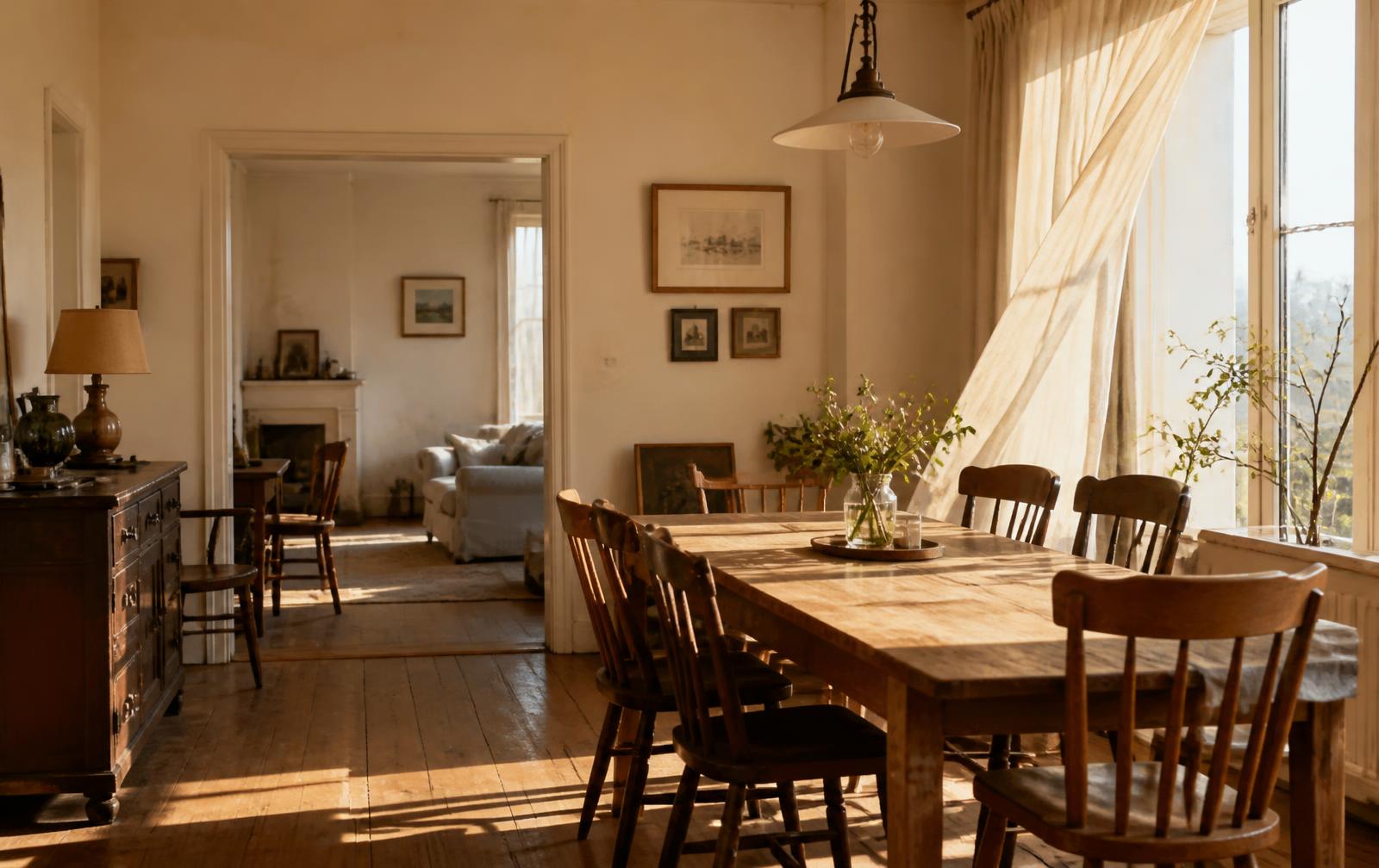 A sunlit family dining room with a long wooden table and linen curtains